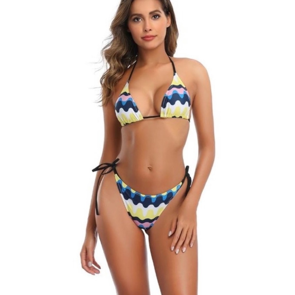 High Waisted Push Up Blue Wave Tie Bikini Set